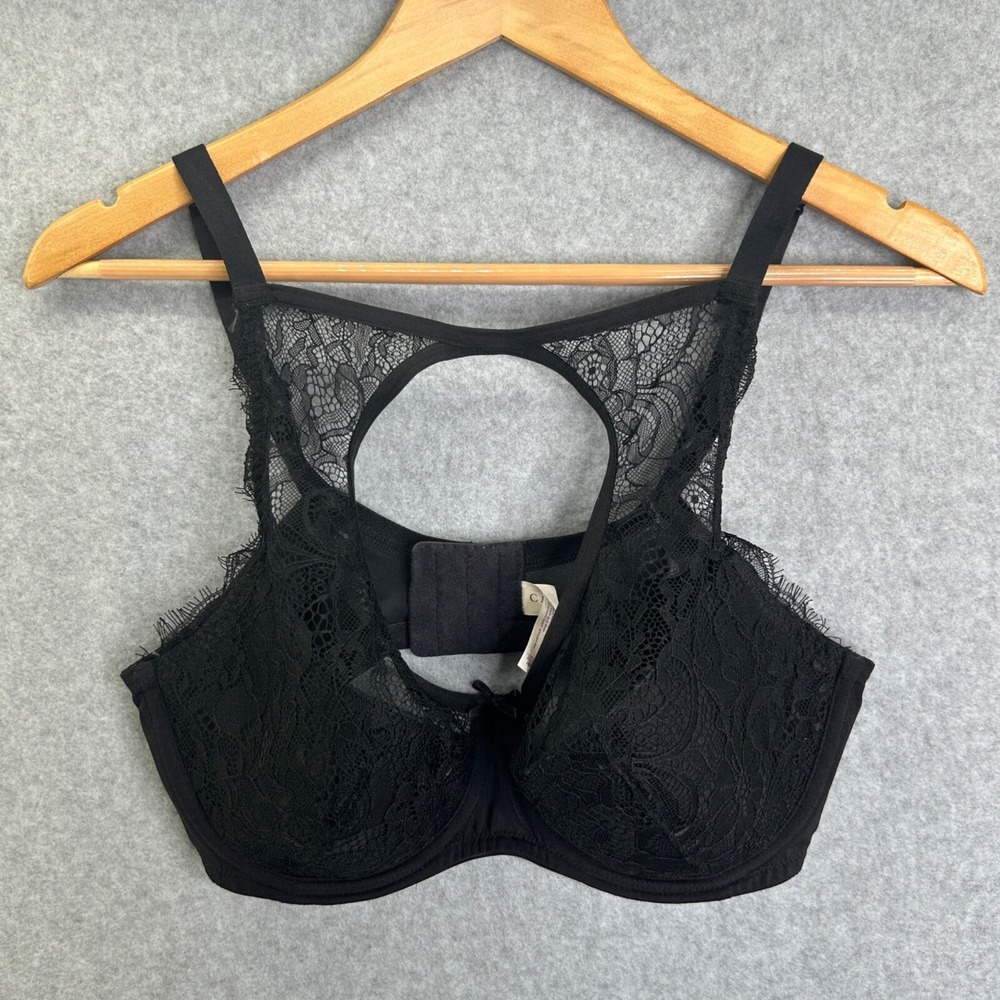 Cacique Size 38D Lace-Trim Balconette Bra Black Lace Padded Underwire